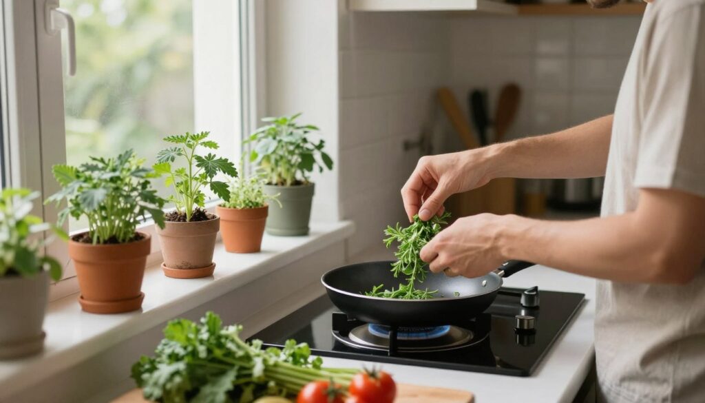 A person cooking with fresh herbs from their small balcony garden A person cooking with fresh herbs from their small balcony garden
