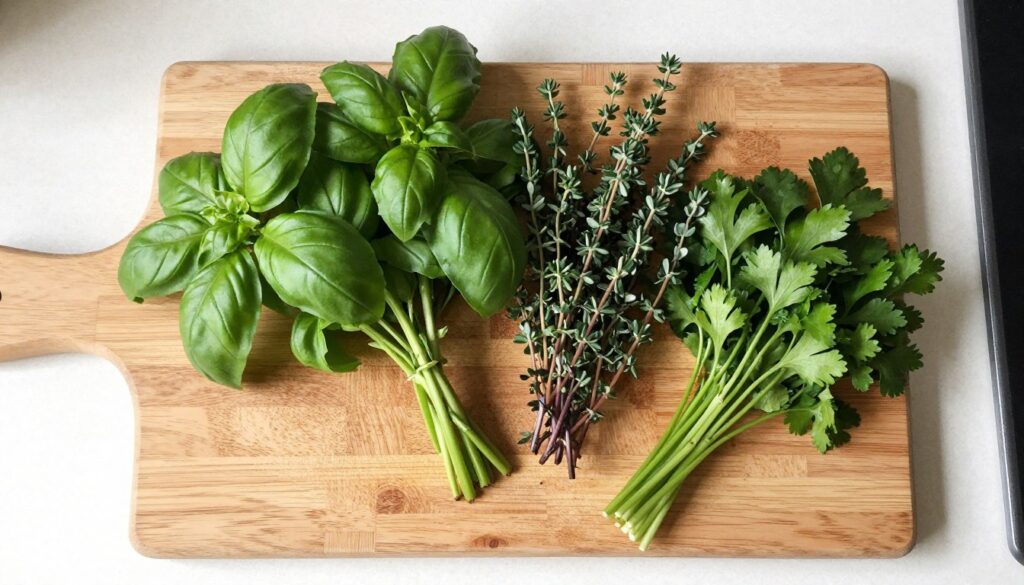 Abundant harvest of fresh herbs from small indoor kitchen garden