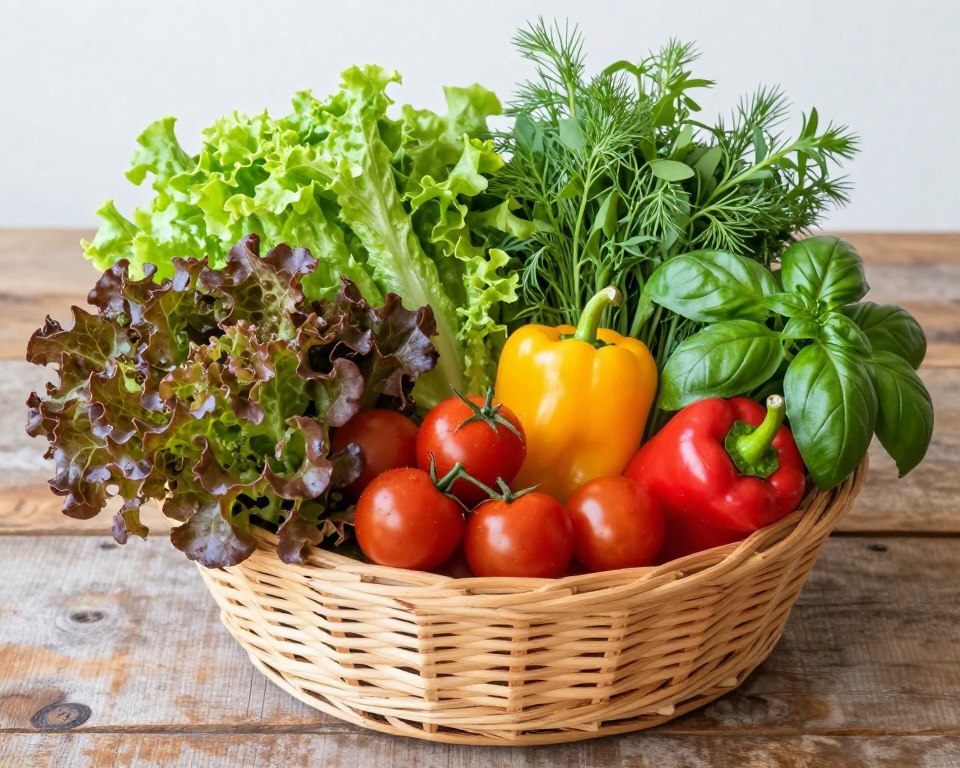 Abundant harvest of various hydroponic vegetables and herbs in basket Abundant harvest of various hydroponic vegetables and herbs in basket