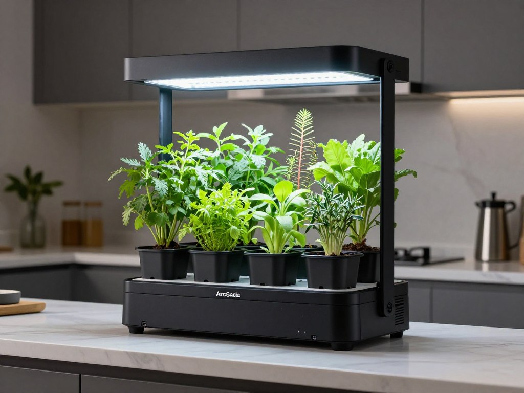 AeroGarden Harvest hydroponic system with LED grow light and herb plants