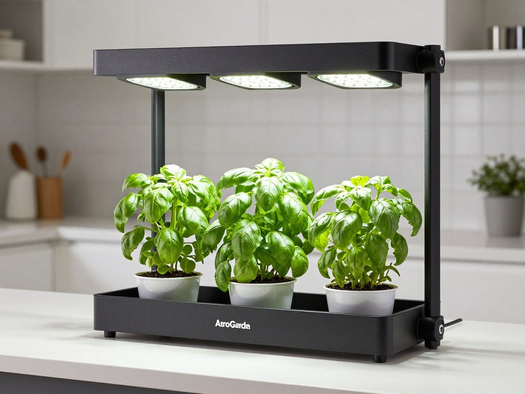 AeroGarden Trio grow light with three adjustable LED arms illuminating herbs on kitchen counter