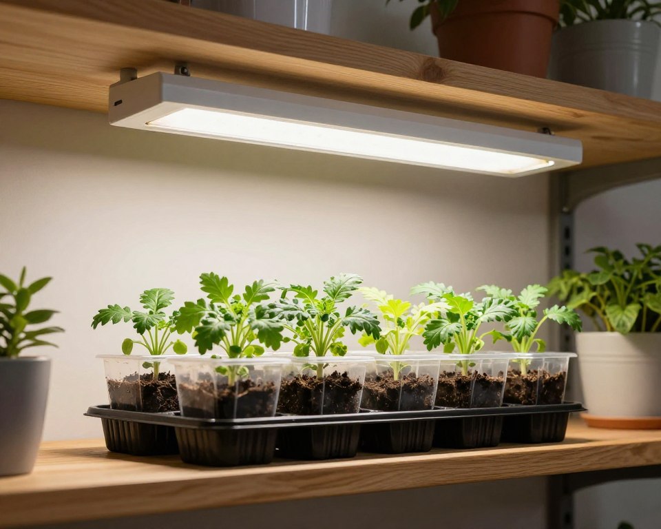 Affordable LED grow light strip under shelf illuminating herb seedlings