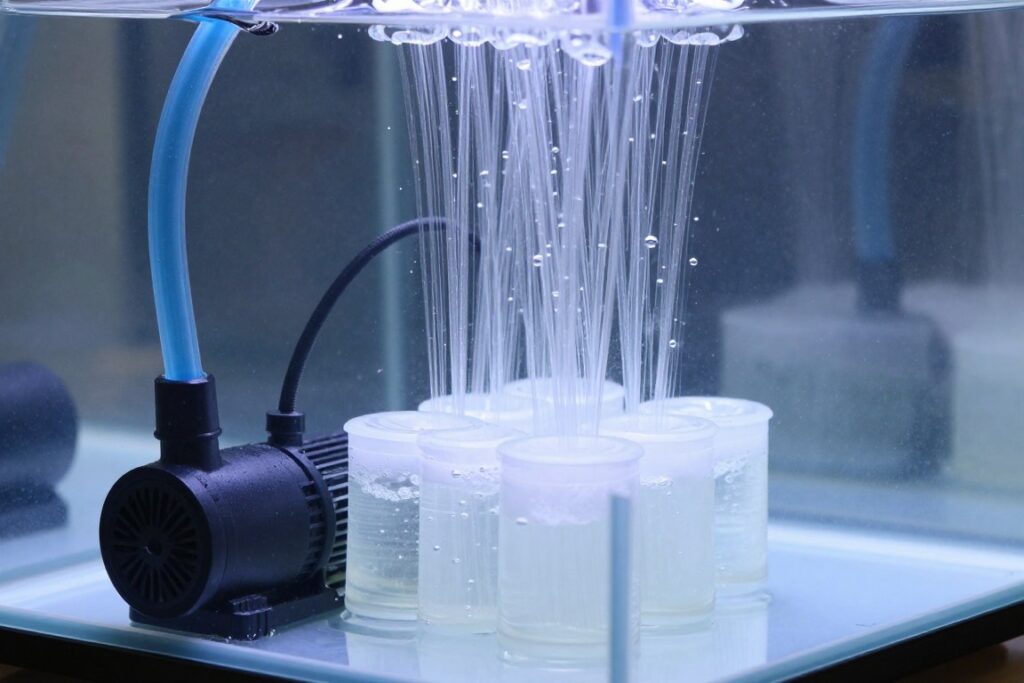 Air pump and air stone creating bubbles in hydroponic reservoir