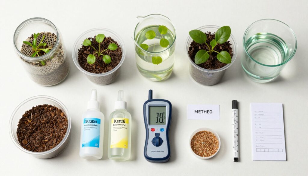 All essential materials for Kratky Method laid out and organized on table All essential materials for Kratky Method laid out and organized on table