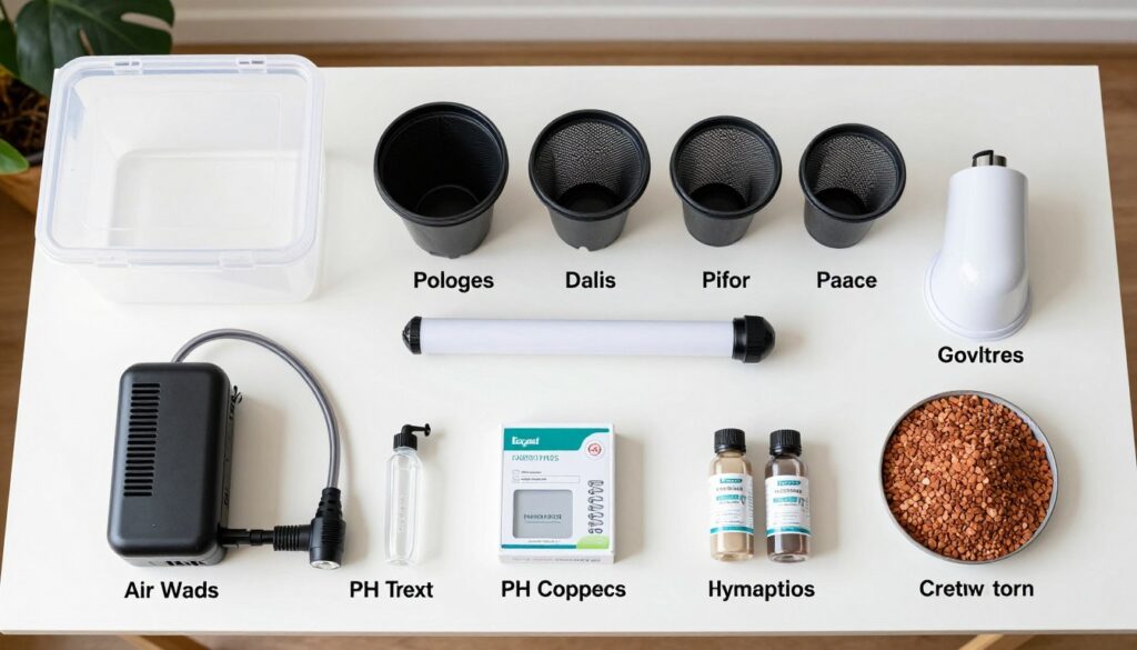 All materials for DIY hydroponic system laid out on table All materials for DIY hydroponic system laid out on table