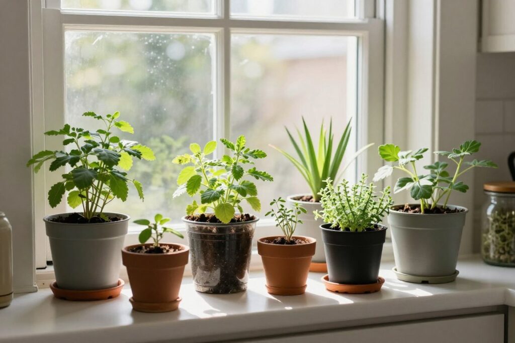 Arranged herb pots on a sunny windowsill Arranged herb pots on a sunny windowsill