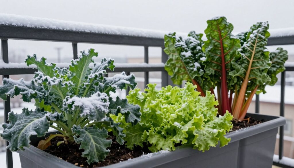 Balcony garden in winter with cold-hardy vegetables like kale and lettuce growing in containers with frost