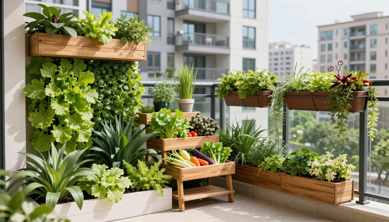 Balcony garden layout with vertical planters and tiered containers maximizing space
