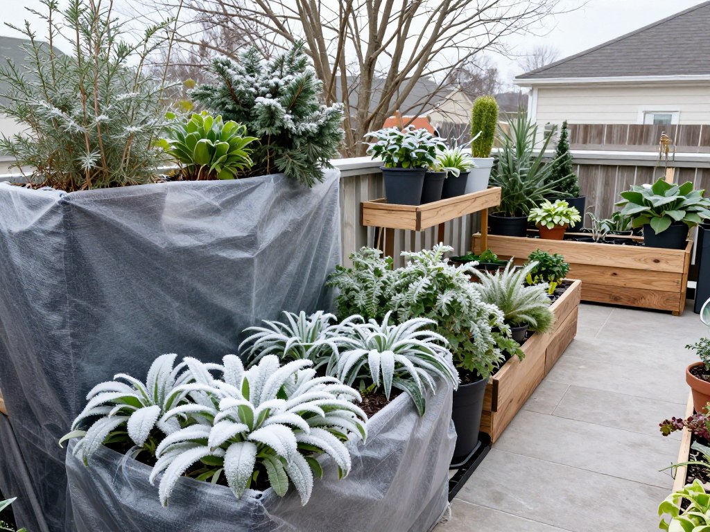 Balcony garden prepared for winter with protective covers