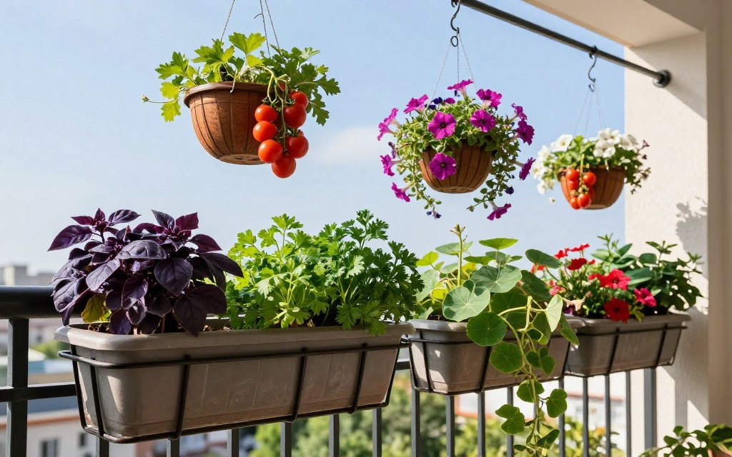 Balcony railing with multiple attached planters filled with herbs and flowers, plus hanging baskets above