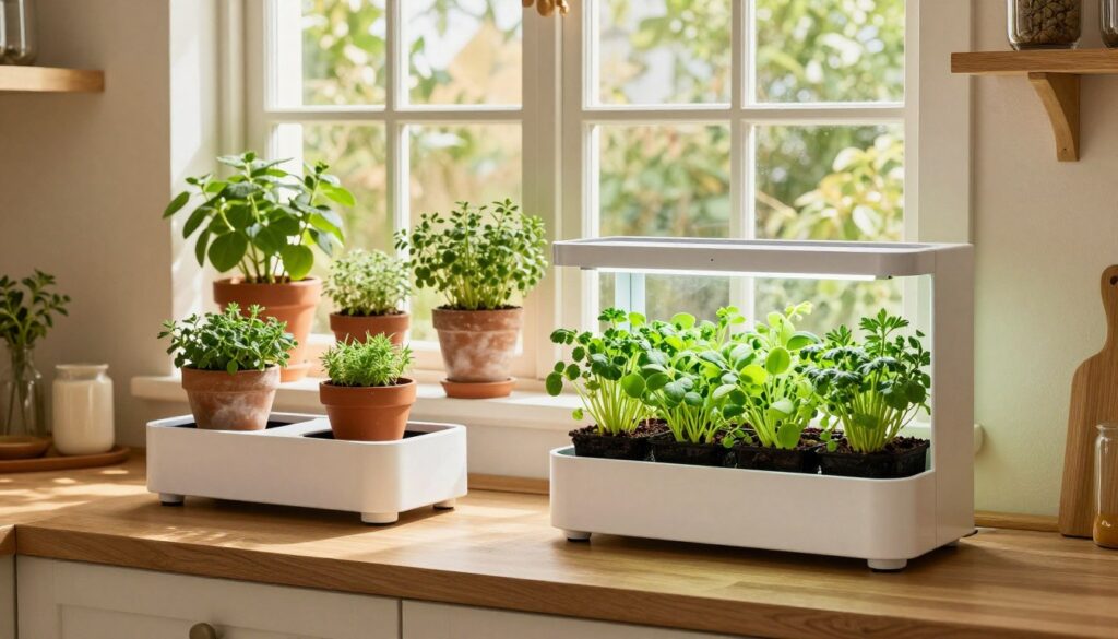 Beautiful home herb garden showing both hydroponic and soil growing methods thriving together Beautiful home herb garden showing both hydroponic and soil growing methods thriving together
