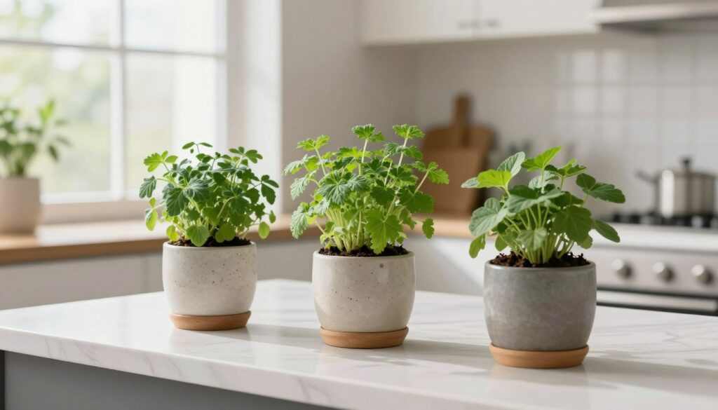 Beautiful indoor herb garden with basil, mint, and parsley thriving on a kitchen counter