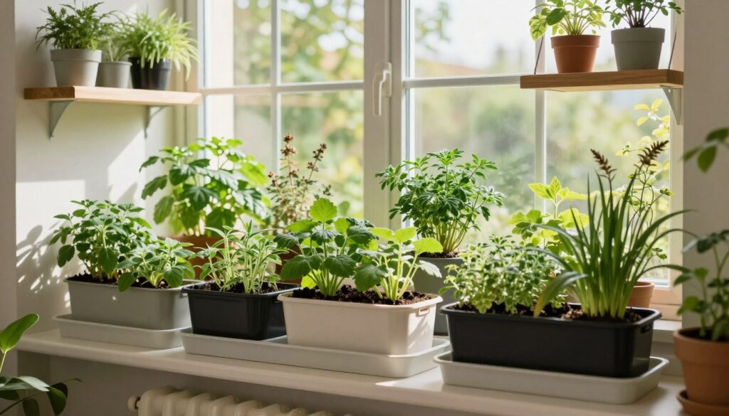 Beautiful thriving indoor herb garden in apartment without balcony