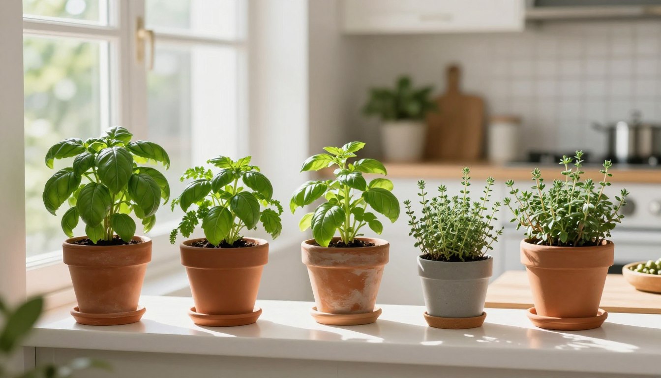Beautiful windowsill herb garden setup with multiple pots of fresh herbs on a sunny kitchen window