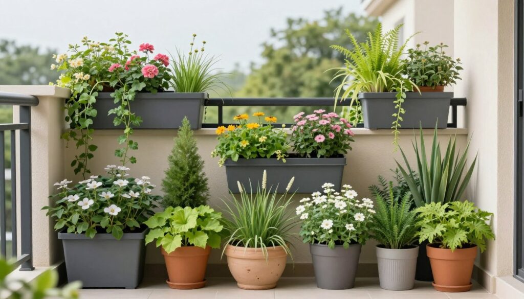 Beautifully designed vertical balcony garden with mixed plants