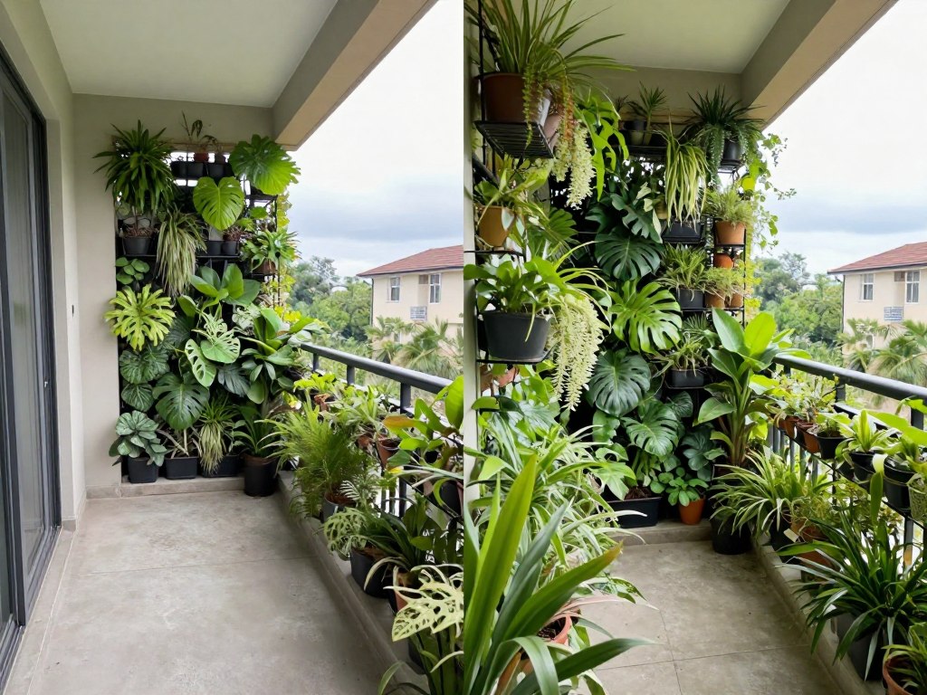 Before and after comparison of balcony transformed with vertical garden