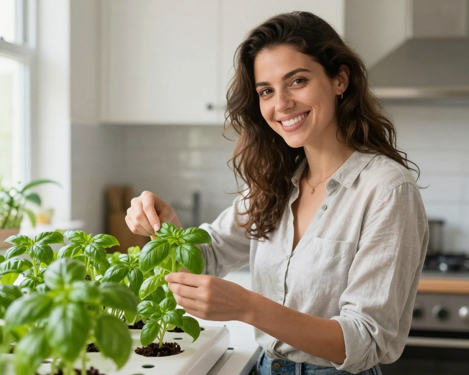 Beginner gardener successfully harvesting herbs from hydroponic system Beginner gardener successfully harvesting herbs from hydroponic system