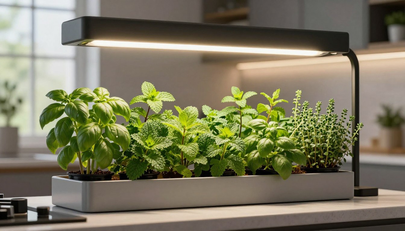 Best grow lights for indoor herbs illuminating fresh basil and mint plants on kitchen counter