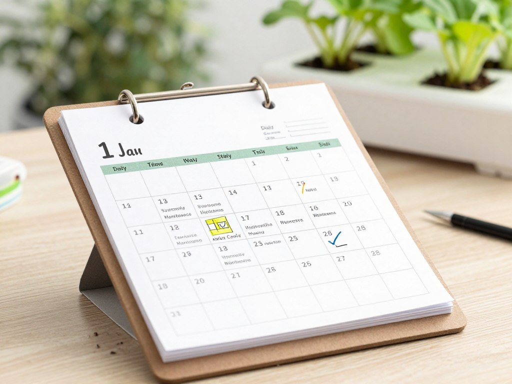 Calendar showing hydroponic maintenance schedule with checkmarks Calendar showing hydroponic maintenance schedule with checkmarks