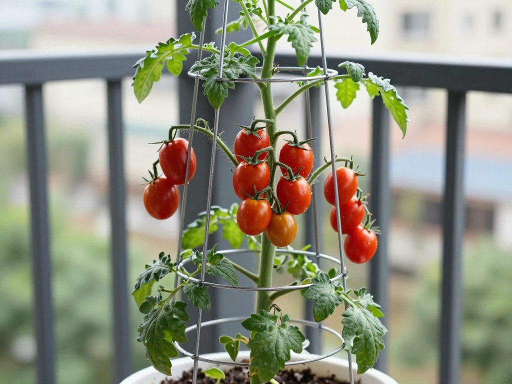 Cherry tomatoes growing in vertical container garden