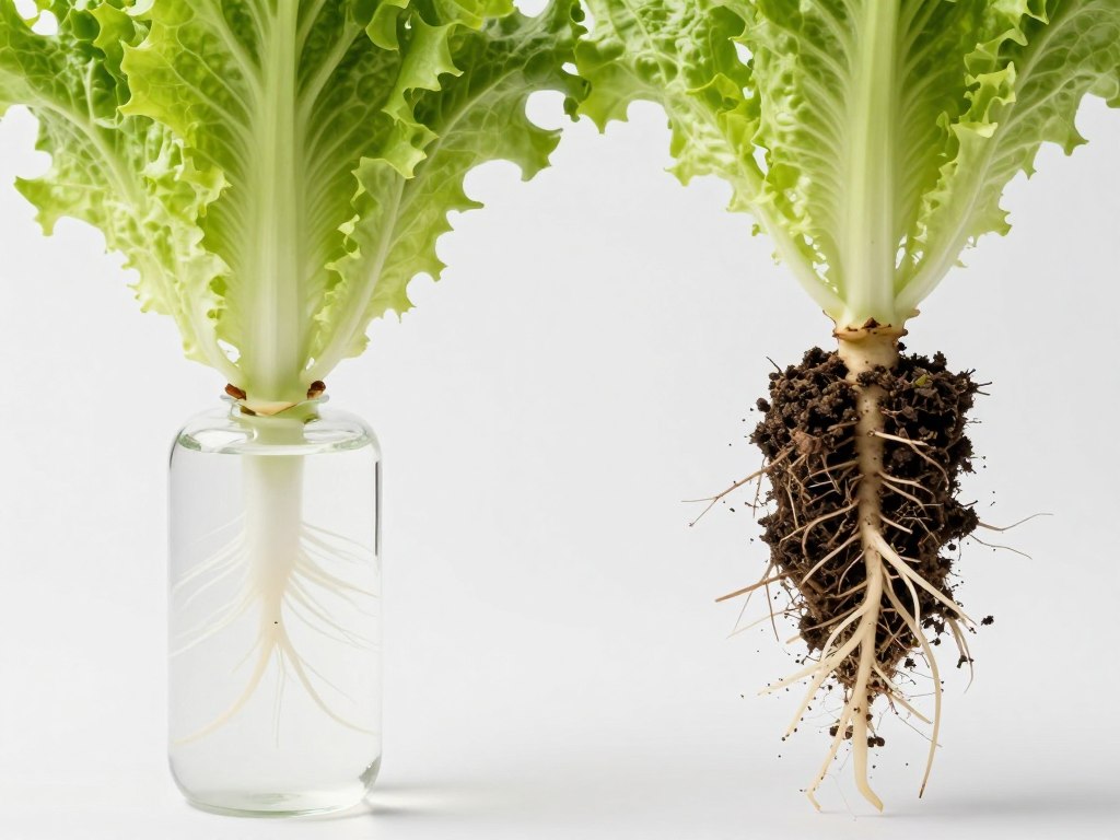 Close-up comparison of hydroponic lettuce roots in nutrient solution versus soil-grown roots Close-up comparison of hydroponic lettuce roots in nutrient solution versus soil-grown roots