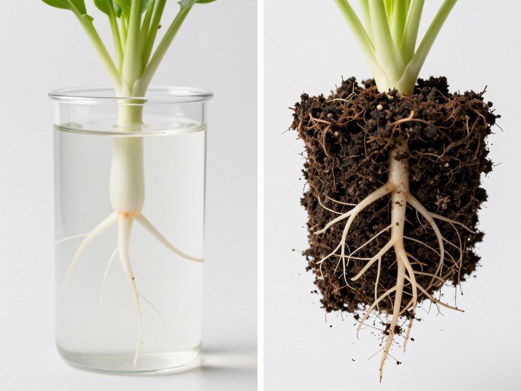 Close-up comparison of hydroponic plant roots in clear nutrient solution versus soil-based plant roots