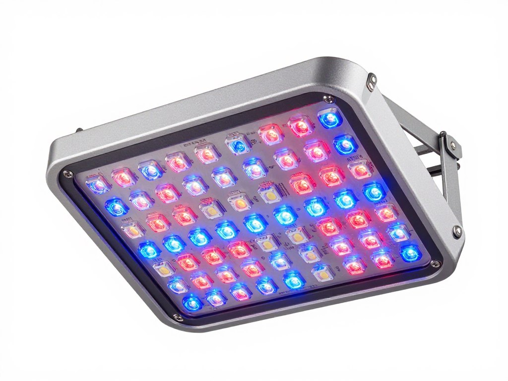 Close-up of LED grow light panel showing red and blue spectrum diodes for optimal plant growth