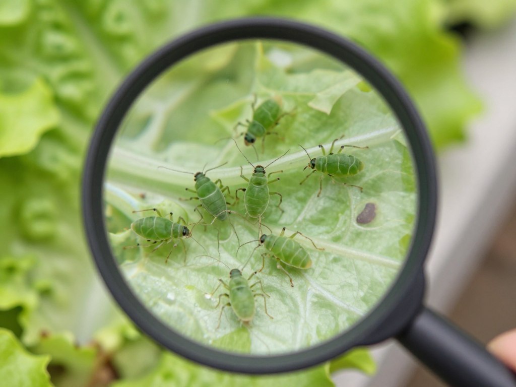 Close-up of aphids on hydroponic plant leaf with magnifying glass