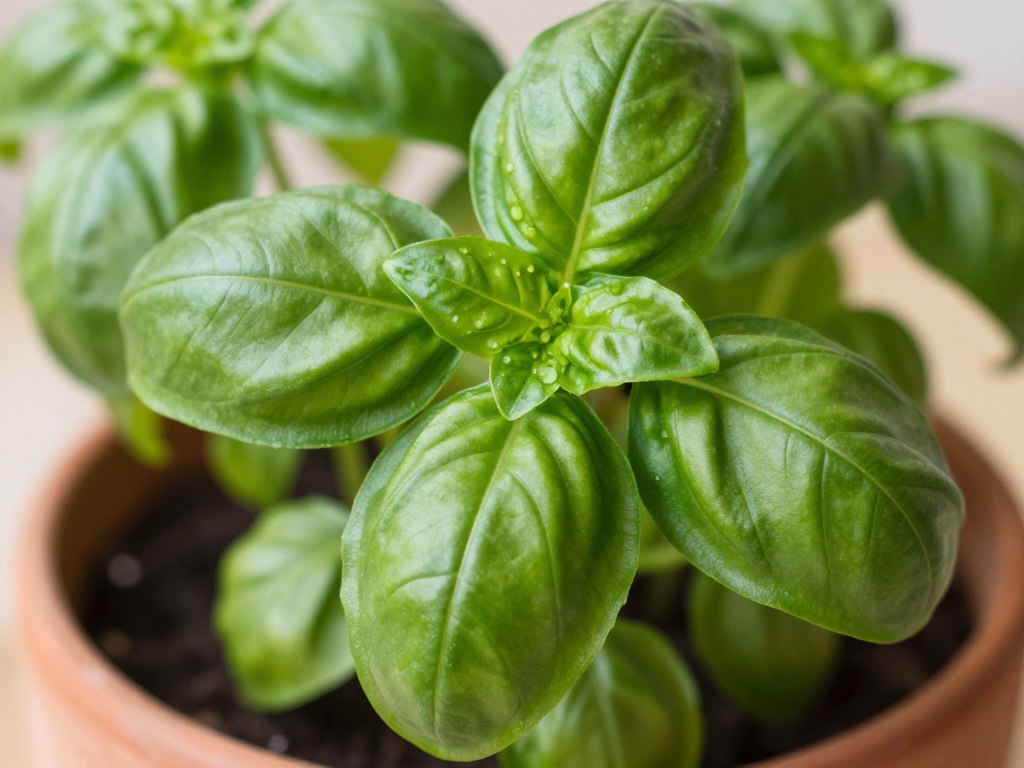 Close-up of fresh basil plant with large green leaves growing indoors