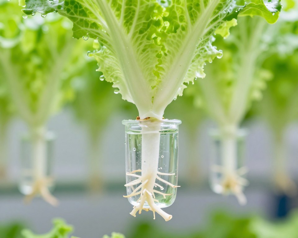 Close-up of hydroponic lettuce roots in nutrient solution