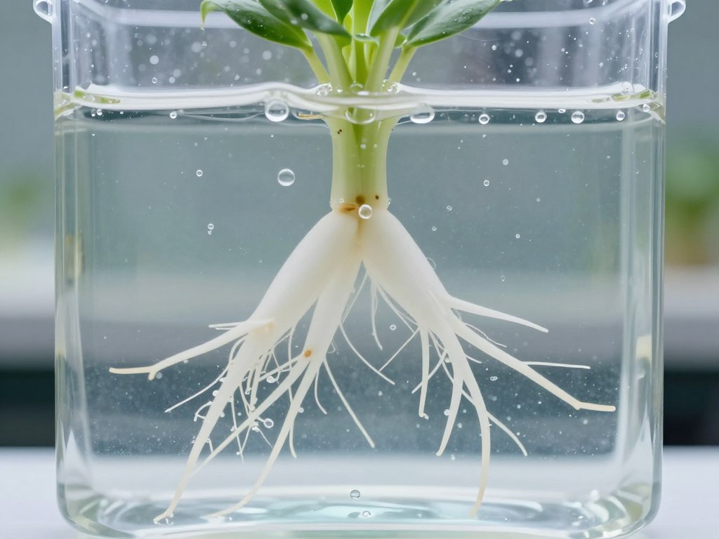 Close-up of hydroponic system showing plant roots suspended in nutrient solution Close-up of hydroponic system showing plant roots suspended in nutrient solution