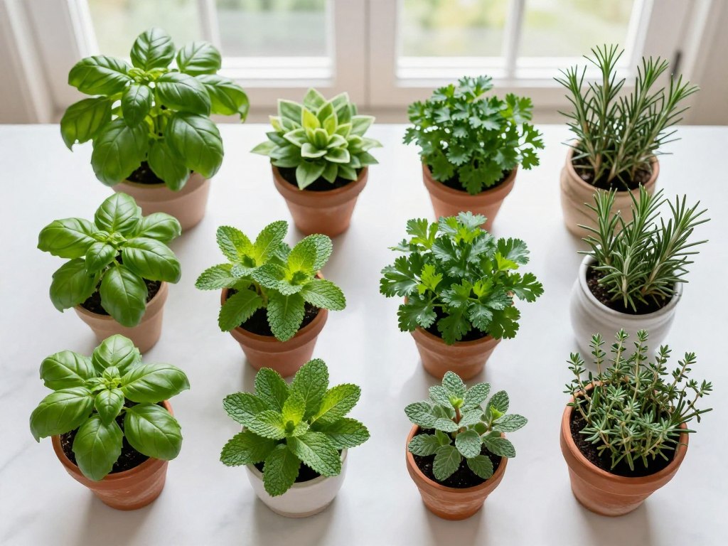 Collection of best herbs for indoor gardening without balcony including basil, mint, parsley and rosemary