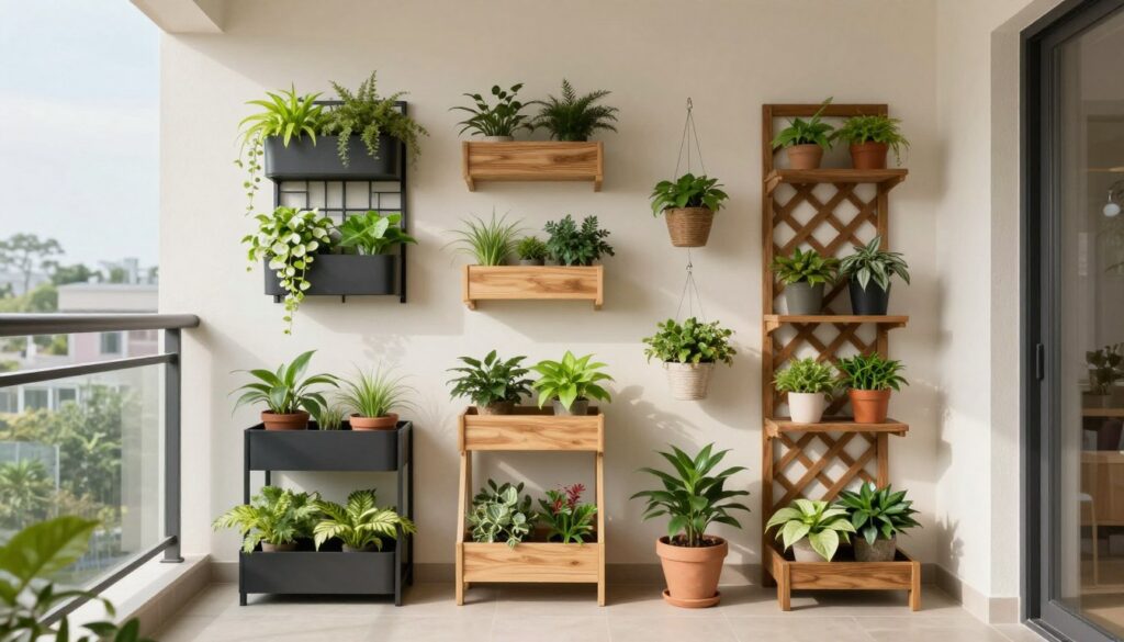 Collection of different vertical garden systems on a balcony