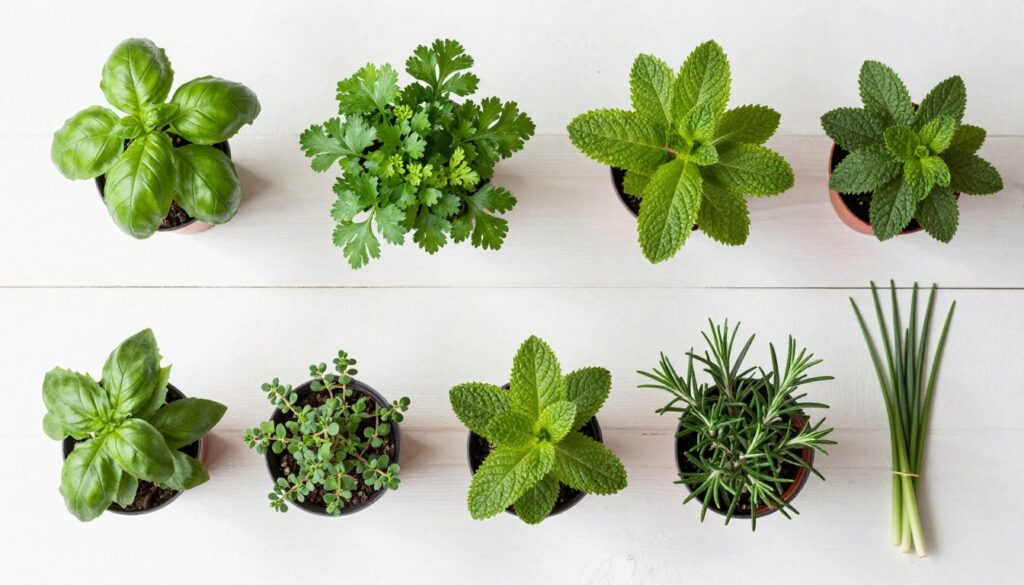 Collection of popular windowsill herbs including basil, parsley, mint, thyme, and rosemary Collection of popular windowsill herbs including basil, parsley, mint, thyme, and rosemary