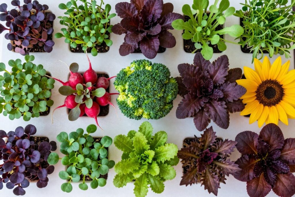 Colorful microgreens growing in hydroponic tray showing various varieties Colorful microgreens growing in hydroponic tray showing various varieties