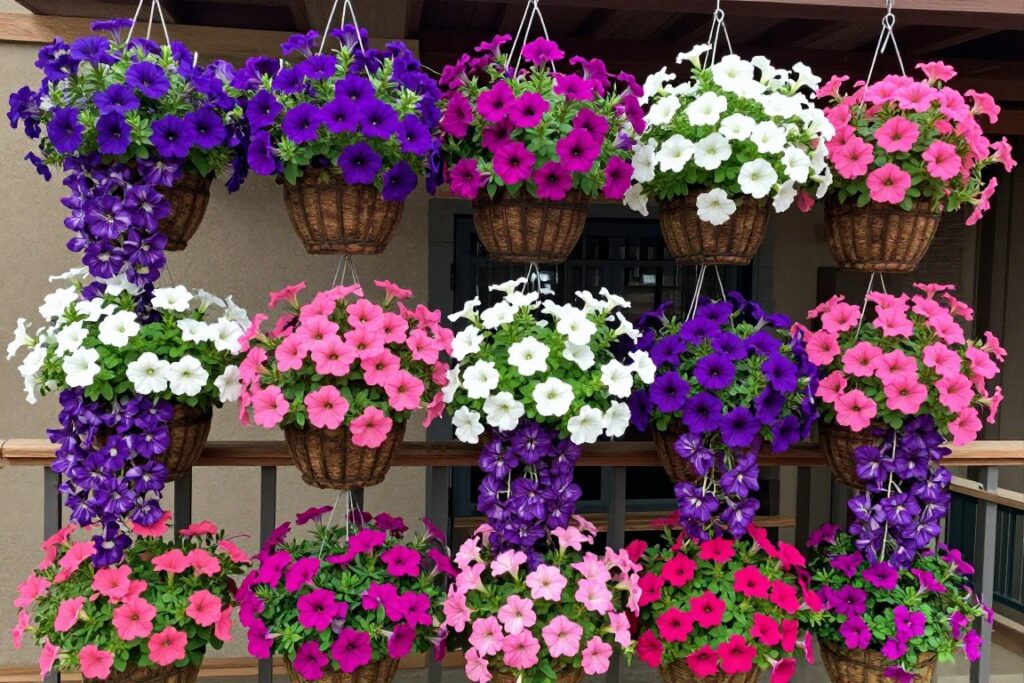 Colorful petunias and trailing flowers in vertical hanging garden