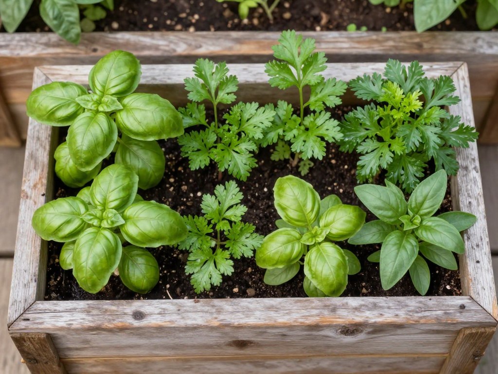 Compact herb varieties growing together in a small container garden Compact herb varieties growing together in a small container garden