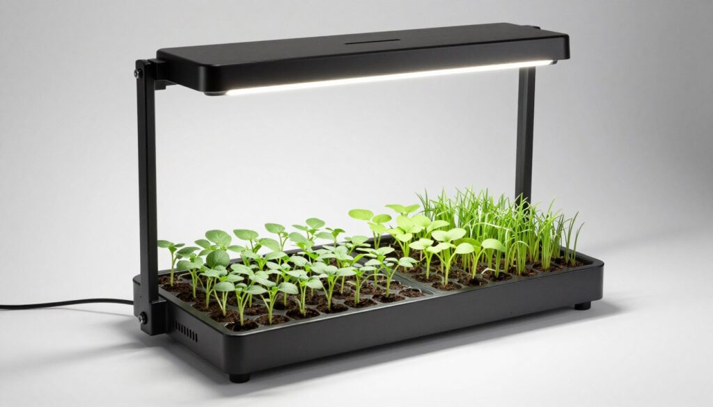 Compact tabletop grow light garden with herb seedlings in organized rows