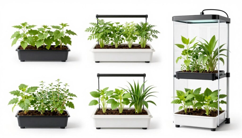 Comparison of different hydroponic systems showing various sizes and types