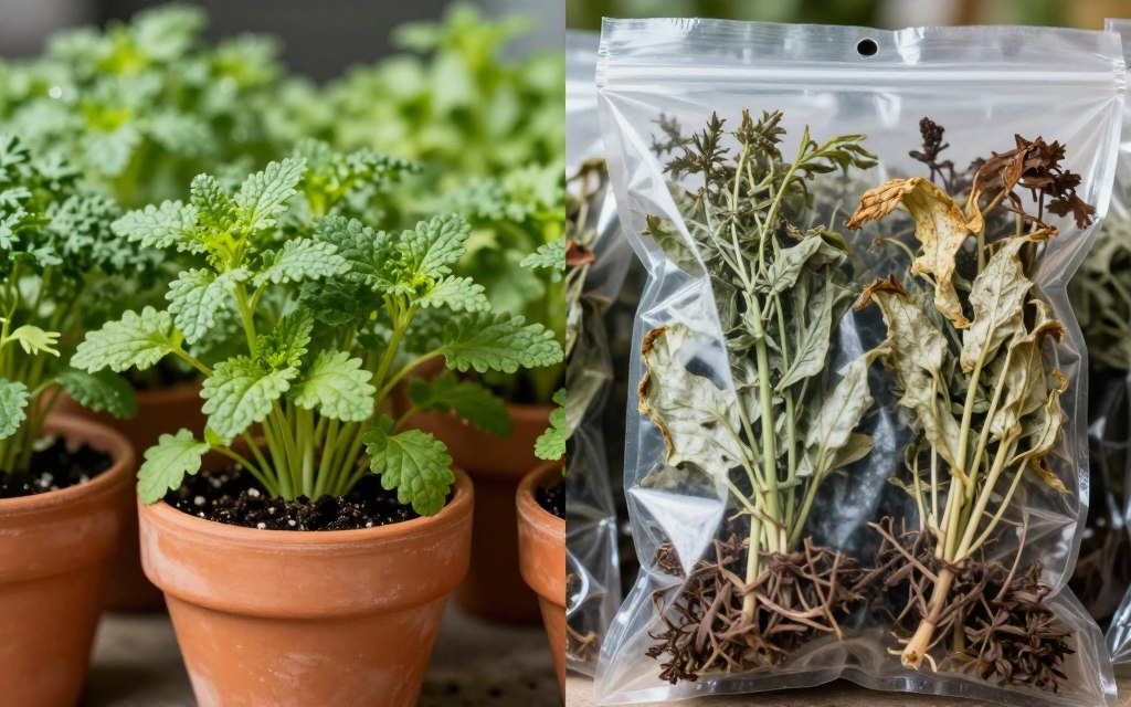 Comparison of fresh herbs growing in pots versus wilted store-bought herbs in plastic packaging