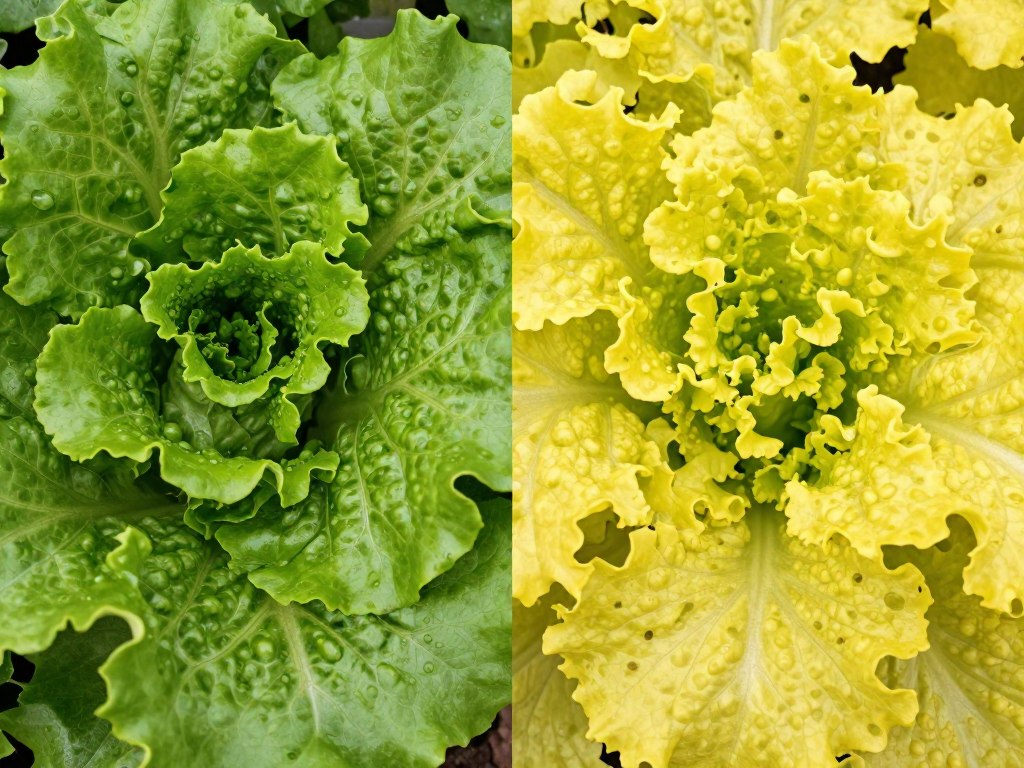 Comparison of healthy hydroponic plant leaves versus nutrient deficient yellowing leaves