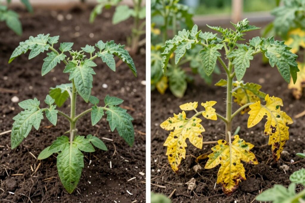 Comparison of healthy soil grown tomatoes versus pest damaged plants