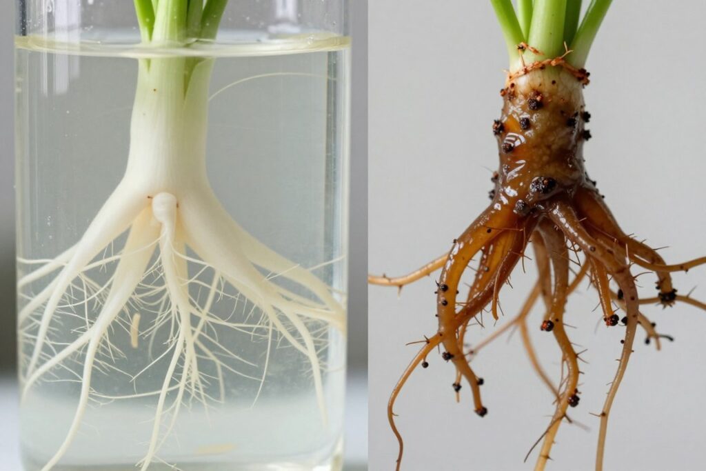 Comparison of healthy white hydroponic roots versus brown diseased roots affected by root rot