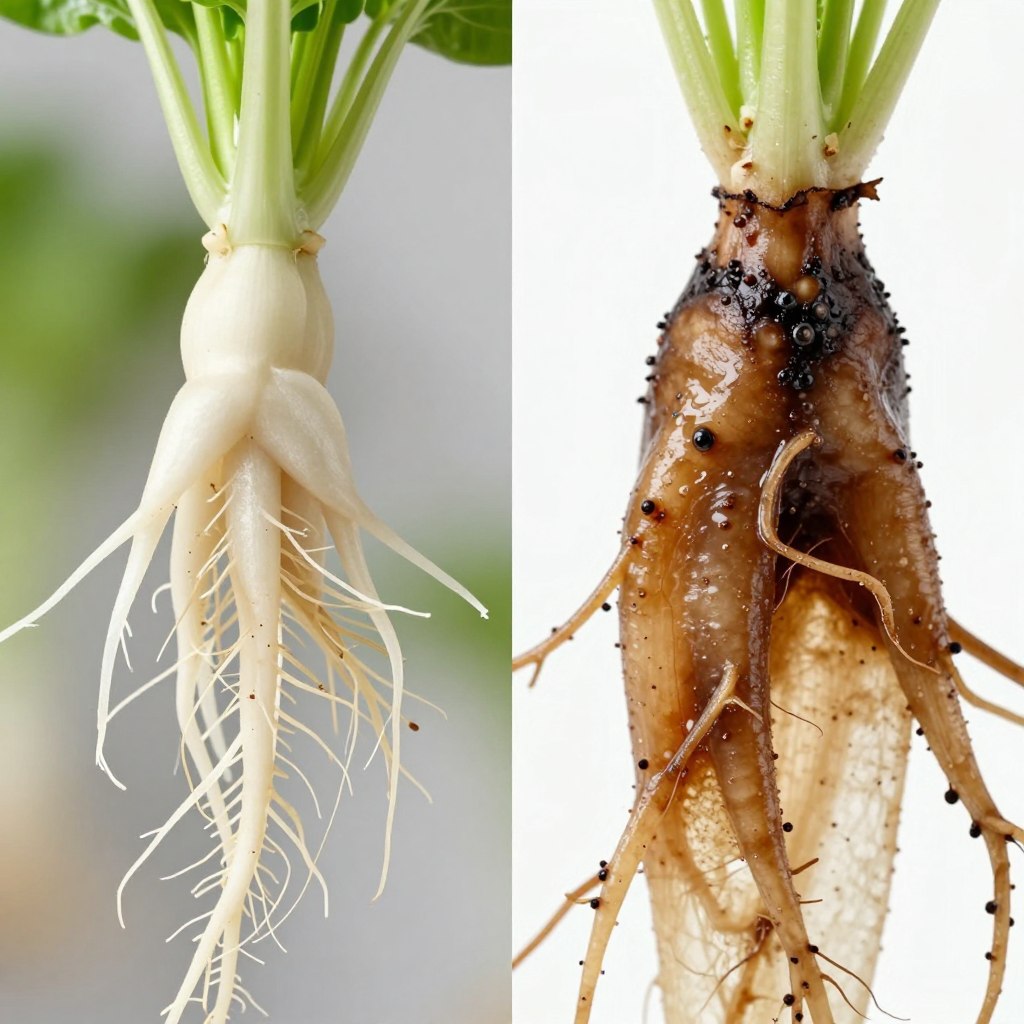 Comparison of healthy white hydroponic roots versus brown rotting roots