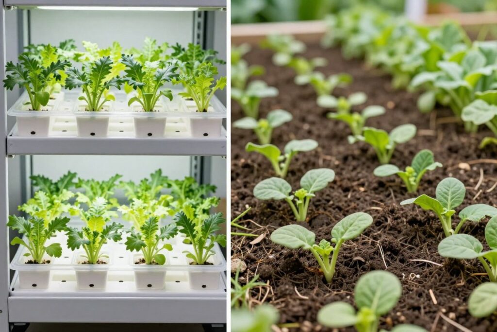 Comparison showing Kratky Method setup versus traditional soil gardening Comparison showing Kratky Method setup versus traditional soil gardening
