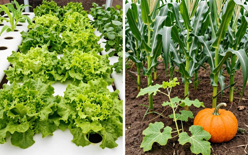 Comparison showing hydroponic-friendly compact plants versus unsuitable tall plants Comparison showing hydroponic-friendly compact plants versus unsuitable tall plants
