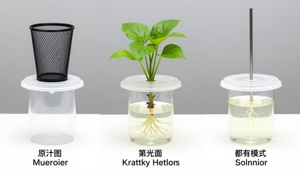 Complete Kratky system assembly showing plant in net pot and container Complete Kratky system assembly showing plant in net pot and container