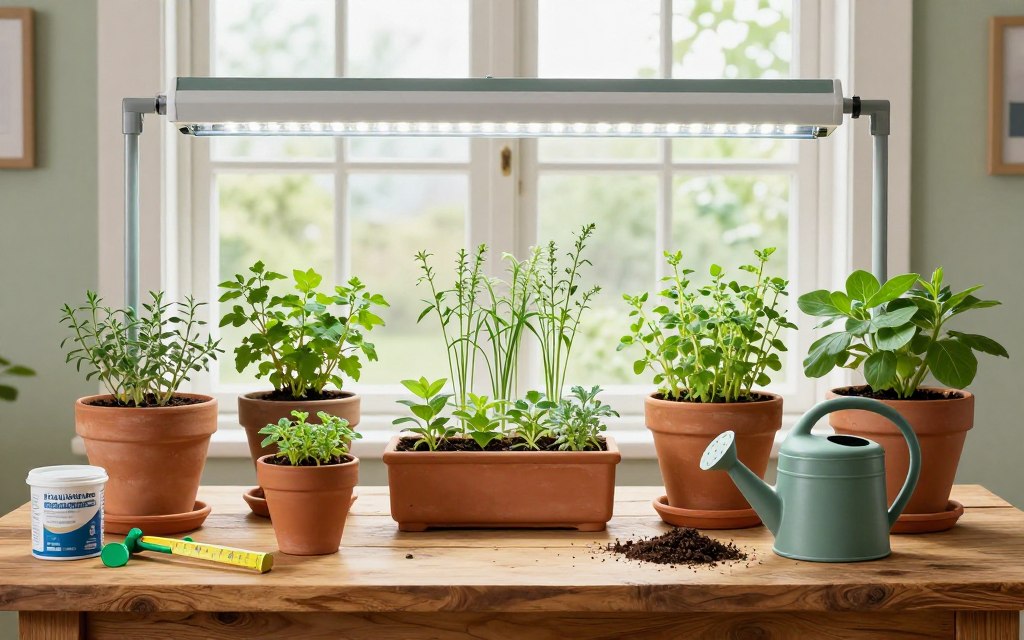 Complete indoor herb growing setup showing grow lights, proper containers, and watering system