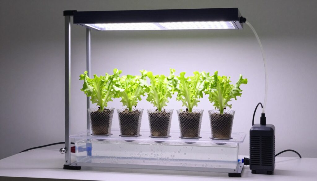 Completed DIY hydroponic system with plants, lights, and air pump running Completed DIY hydroponic system with plants, lights, and air pump running