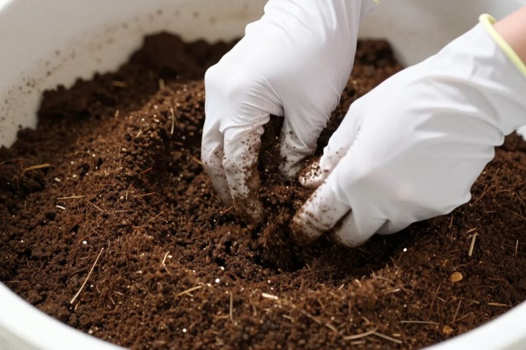 Compost being mixed into potting soil showing rich dark texture Compost being mixed into potting soil showing rich dark texture